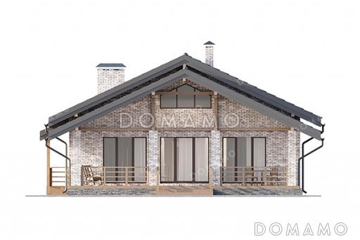 Проект выразительного одноэтажного дома с двухскатной крышей в разных уровнях, большой террасой и вторым светом / Фасад 1