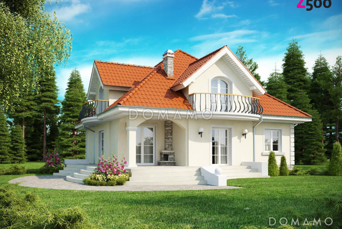 Проект одноэтажного мансардного дома из кирпича с двумя балконами и барбекю на террасе