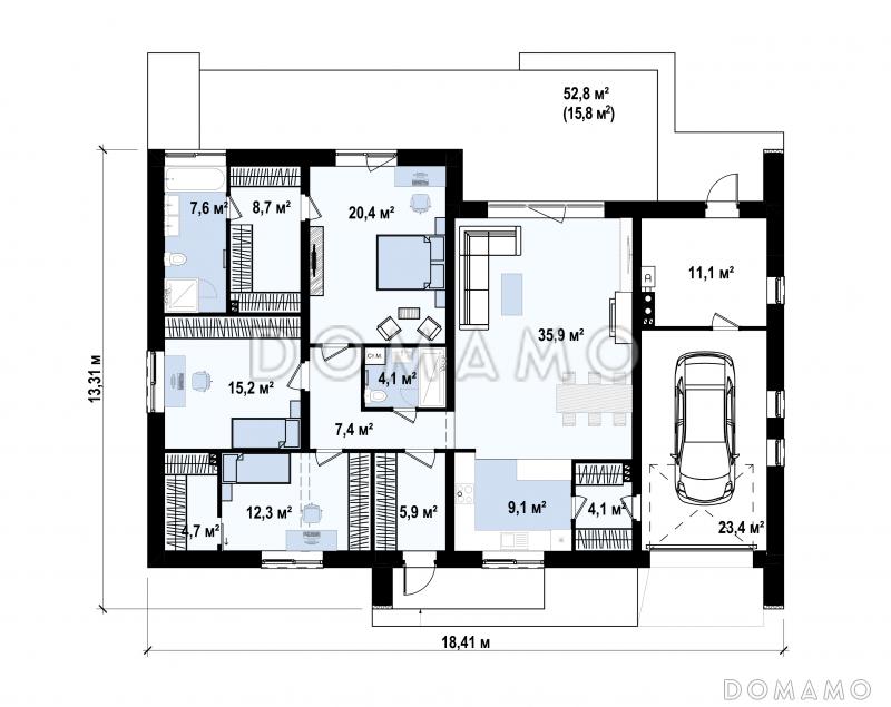 Проект одноэтажного дома с гаражом на одну машину, кладовой на кухне, хозяйской спальней, просторной гостиной с выходом на террасу / План 1 этажа
