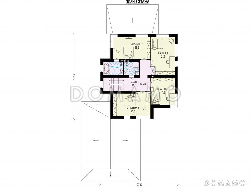 Проект загородного дома с гаражом на две машины, террасой, отдельной гардеробной при входе / План 2 этажа