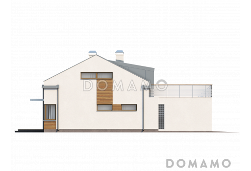 Проект просторного современного мансардного дома из газобетона с пятью комнатами, эркером и террасой над гаражом / Фасад 3