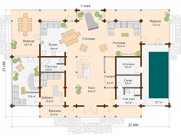 Проект дома с 5 комнатами на мансардном этаже / План 1 этажа Проект дома с 5 комнатами на мансардном этаже / План 1 этажа