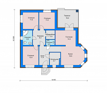 Проект одноэтажного дома с эркером в кухне, гардеробной комнатой, террасой  / План 1 этажа