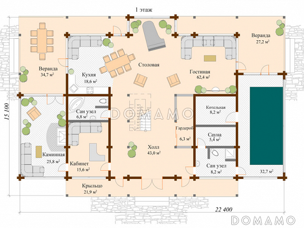 Проект дома с 5 комнатами на мансардном этаже / План 1 этажа Проект дома с 5 комнатами на мансардном этаже / План 1 этажа