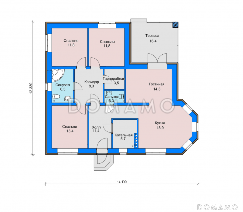 Проект одноэтажного дома с эркером в кухне, гардеробной комнатой, террасой  / План 1 этажа