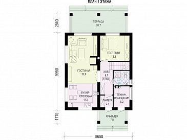 Проект двухэтажного дома с террасой и 4 спальнями / План 1 этажа Проект двухэтажного дома с террасой и 4 спальнями / План 1 этажа