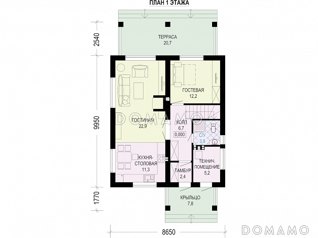 Проект двухэтажного дома с террасой и 4 спальнями / План 1 этажа Проект двухэтажного дома с террасой и 4 спальнями / План 1 этажа
