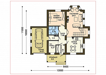 Проект бежевого оштукатуренного коттеджа с гаражом и эркером в гостиной / План 1 этажа Проект бежевого оштукатуренного коттеджа с гаражом и эркером в гостиной / План 1 этажа