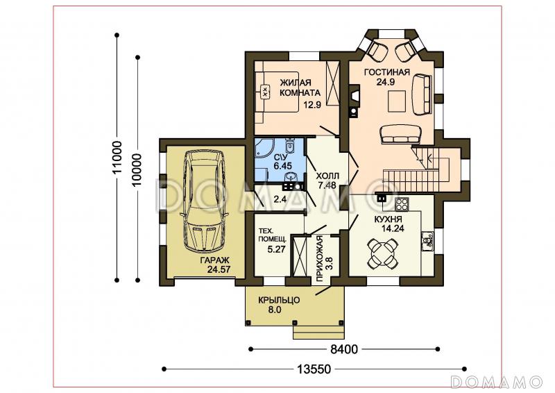 Проект бежевого оштукатуренного коттеджа с гаражом и эркером в гостиной / План 1 этажа