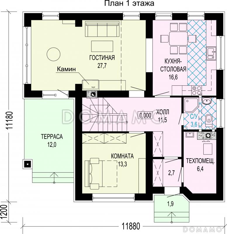 Проект дома с тремя спальнями на мансарде, вторым светом и комнатой на первом этаже / План 1 этажа
