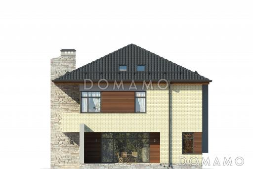 Проект загородного дома с просторной гостиной с камином, террасой, сауной на первом этаже, балконом / Фасад 2