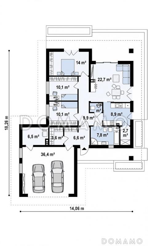 Проект комфортного одноэтажного дома из кирпича с гаражом, тремя спальнями и изолированной кухней / План 1 этажа