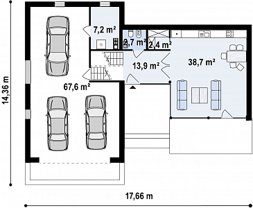 Проект современного двухэтажного дома из кирпича с плоской крышей, с двумя спальнями и подземным гаражом / План 1 этажа Проект современного двухэтажного дома из кирпича с плоской крышей, с двумя спальнями и подземным гаражом / План 1 этажа