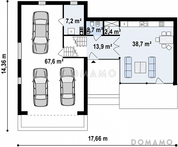 Проект современного двухэтажного дома из кирпича с плоской крышей, с двумя спальнями и подземным гаражом / План 1 этажа Проект современного двухэтажного дома из кирпича с плоской крышей, с двумя спальнями и подземным гаражом / План 1 этажа