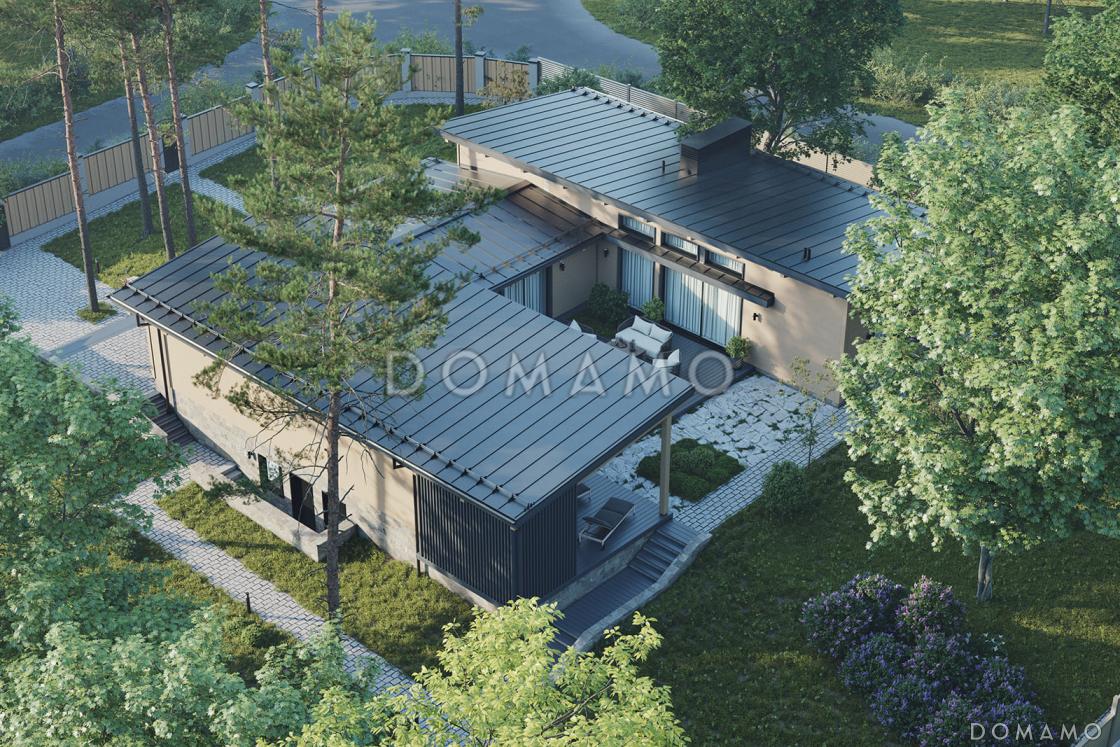 Проект кирпичного дома П-образной формы с внутренним двориком, масштабным остеклением в холле и гостиной / 2