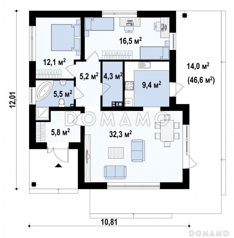 Проект компактного одноэтажного дома из кирпича с двумя спальнями и угловой террасой вдоль дома / План 1 этажа