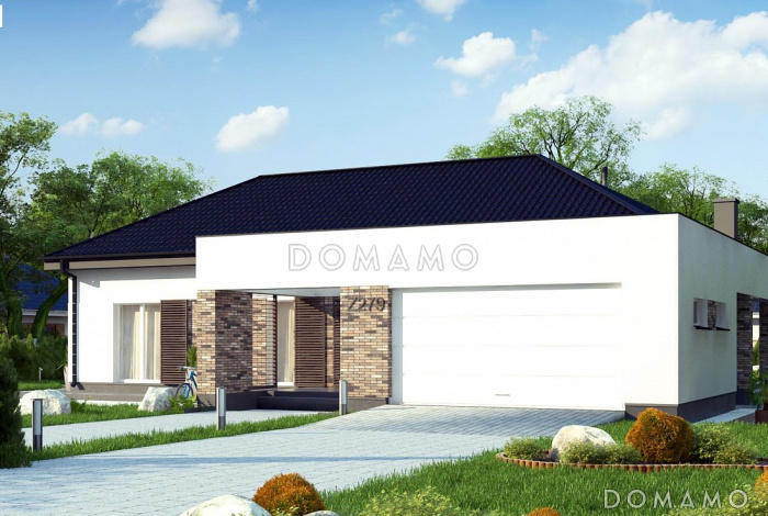 Проект одноэтажного дома из газобетона с тремя спальнями, гаражом на два автомобиля и барбекю на террасе Проект одноэтажного дома из газобетона с тремя спальнями, гаражом на два автомобиля и барбекю на террасе