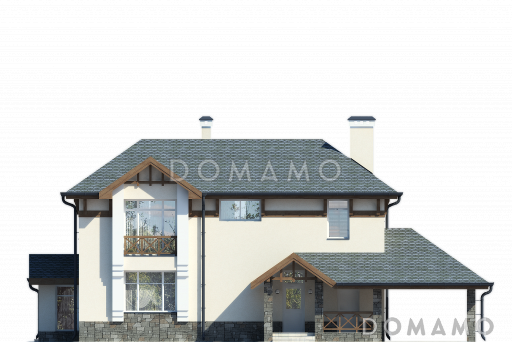 Проект загородного дома с навесом на одну машину, крытой террасой, большой гостиной, вытянутой кухней, французским балконом / Фасад 1