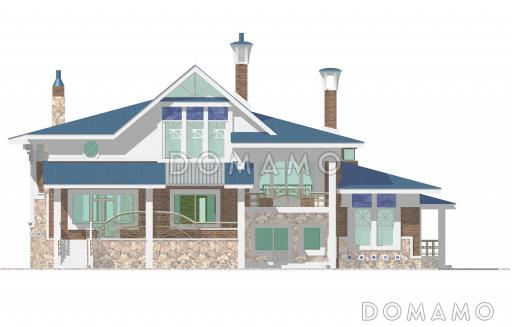 Проект коттеджа с круглой двусветной гостиной и гаражом / Фасад 2