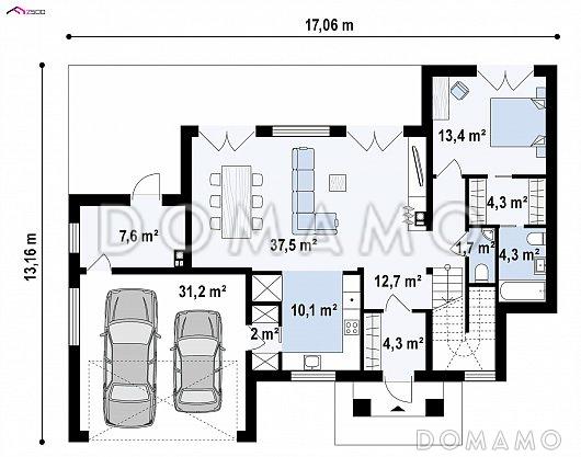 Проект современного двухэтажного коттеджа из кирпича с большой площадью остекления, вторым светом и гаражом / План 1 этажа