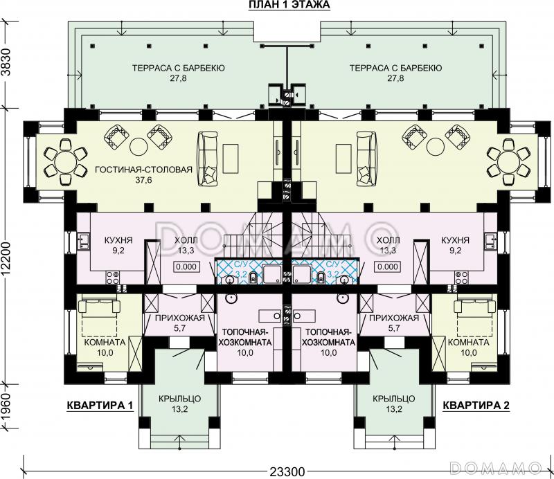 Проект двухэтажного дуплексного дома с крытой террасой / План 1 этажа