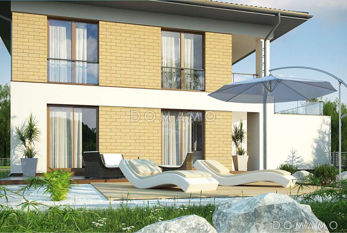 Проект современного двухэтажного дома из кирпича балконом, лоджией и открытой террасой над двухместным гаражом Проект современного двухэтажного дома из кирпича балконом, лоджией и открытой террасой над двухместным гаражом