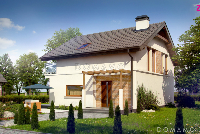 Проект одноэтажного дома с высоким мансардным этажом из газобетона с кабинетом и угловым балконом Проект одноэтажного дома с высоким мансардным этажом из газобетона с кабинетом и угловым балконом