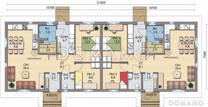 Проект каркасного дома для двух семей / План 1 этажа