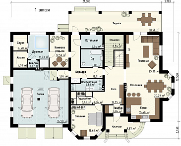 Проект загородного дома с гаражом, сауной, террасой, спортзалом / План 1 этажа Проект загородного дома с гаражом, сауной, террасой, спортзалом / План 1 этажа