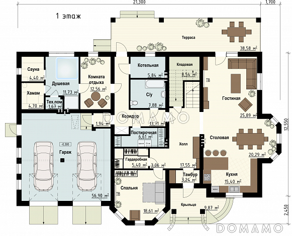 Проект загородного дома с гаражом, сауной, террасой, спортзалом / План 1 этажа Проект загородного дома с гаражом, сауной, террасой, спортзалом / План 1 этажа