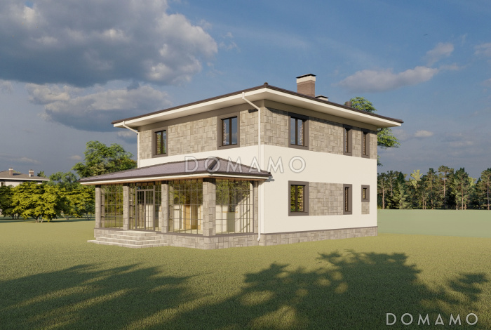 Проект двухэтажного дома с четырьмя спальнями, просторными верандой и гостиной