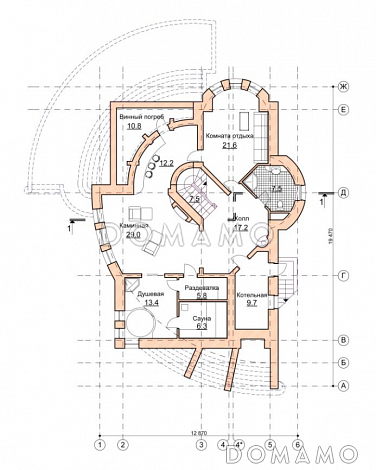 Проект коттеджа с двусветной гостиной и зимним садом / План цокольного этажа Проект коттеджа с двусветной гостиной и зимним садом / План цокольного этажа