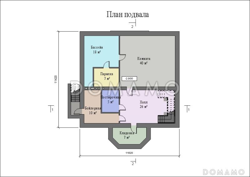 Проект большого двухэтажного дома с цоколем и мансардой,с эркером, сауной и бассейном / План цокольного этажа