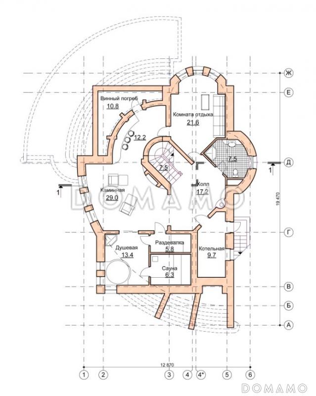 Проект коттеджа с двусветной гостиной и зимним садом / План цокольного этажа