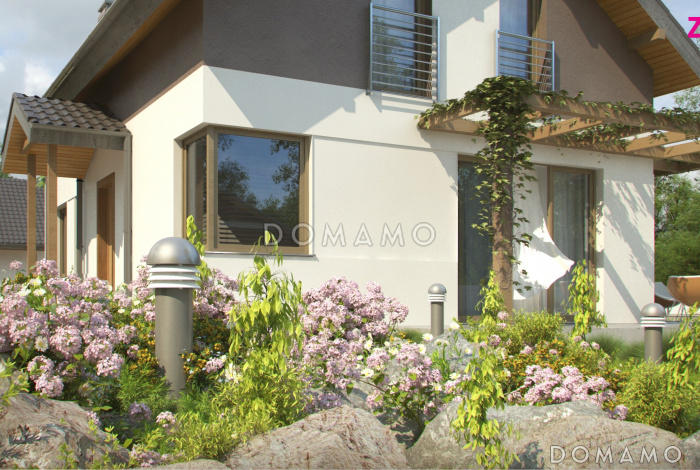 Проект одноэтажного мансардного дома из кирпича с угловым окном в кухонной зоне и кабинетом