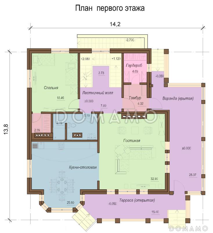 Проект одноэтажного коттеджа с цокольным и мансардным этажами, с зимним садом и вторым светом / План 1 этажа