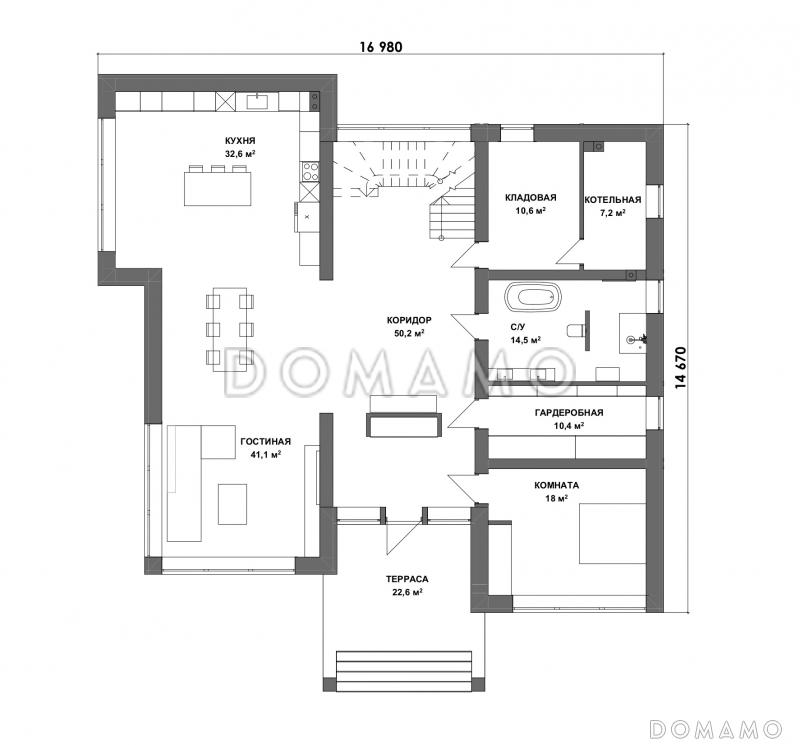Проект современного двухэтажного дома с балконом, вторым светом и мастер-спальней / План 1 этажа