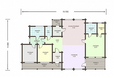 Проект каркасного дома с панорамным остеклением с тремя спальнями / План 1 этажа Проект каркасного дома с панорамным остеклением с тремя спальнями / План 1 этажа