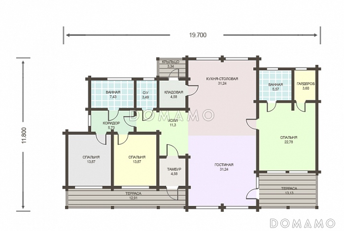 Проект каркасного дома с панорамным остеклением с тремя спальнями / План 1 этажа Проект каркасного дома с панорамным остеклением с тремя спальнями / План 1 этажа