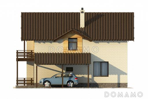 Проект бежевого двухэтажного дома с лоджией над крыльцом / Фасад 3