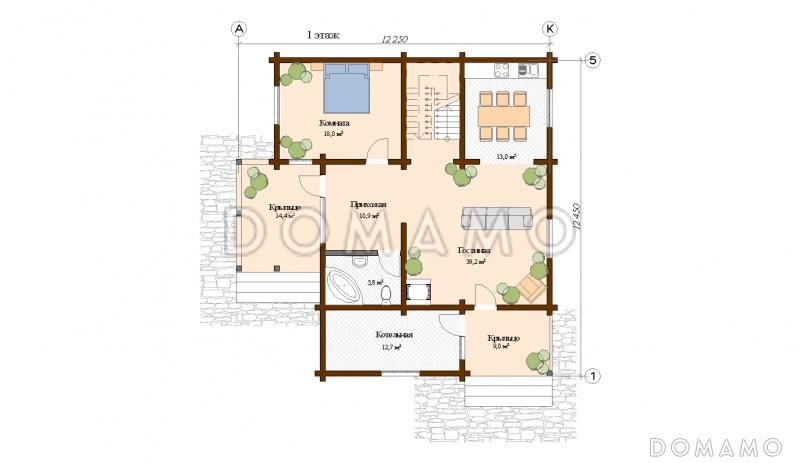 Проект дома из клееного бруса  с бильярдной на втором этаже / План 1 этажа