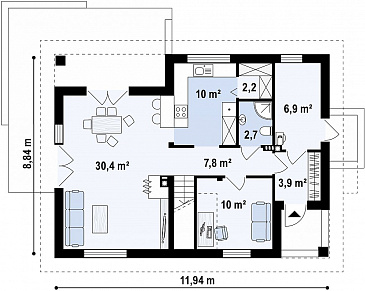 Проект одноэтажного мансардного дома из газобетона с просторной светлой гостиной / План 1 этажа Проект одноэтажного мансардного дома из газобетона с просторной светлой гостиной / План 1 этажа