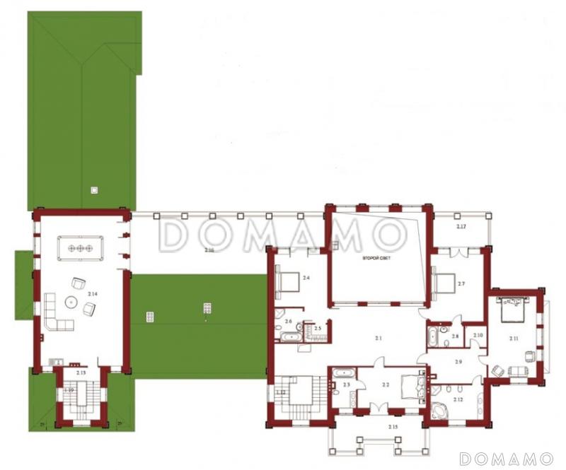 Проект элитного особняка из кирпича с бассейном и сауной на первом этаже / План 2 этажа