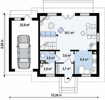 Проект одноэтажного дома из газобетона с мансардным этажом и гаражом / План 1 этажа Проект одноэтажного дома из газобетона с мансардным этажом и гаражом / План 1 этажа