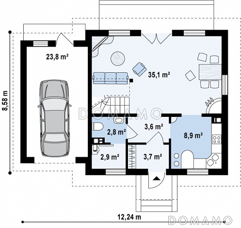 Проект одноэтажного дома из газобетона с мансардным этажом и гаражом / План 1 этажа Проект одноэтажного дома из газобетона с мансардным этажом и гаражом / План 1 этажа