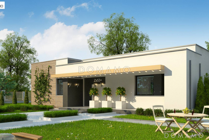 Проект одноэтажного дома с плоской крышей, террасой,  тремя спальнями Проект одноэтажного дома с плоской крышей, террасой,  тремя спальнями