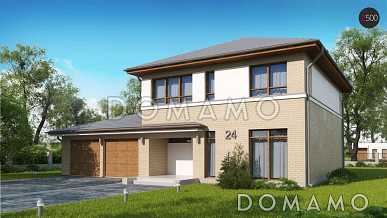 Проект современного двухэтажного дома из газобетона с четырьмя спальнями, кабинетом и пристроенным гаражом на два автомобиля Проект современного двухэтажного дома из газобетона с четырьмя спальнями, кабинетом и пристроенным гаражом на два автомобиля