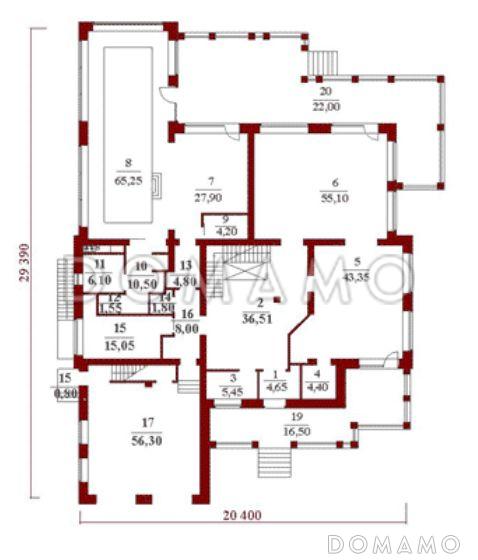 Проект двухэтажного дома с мансардой из кирпича / План 1 этажа