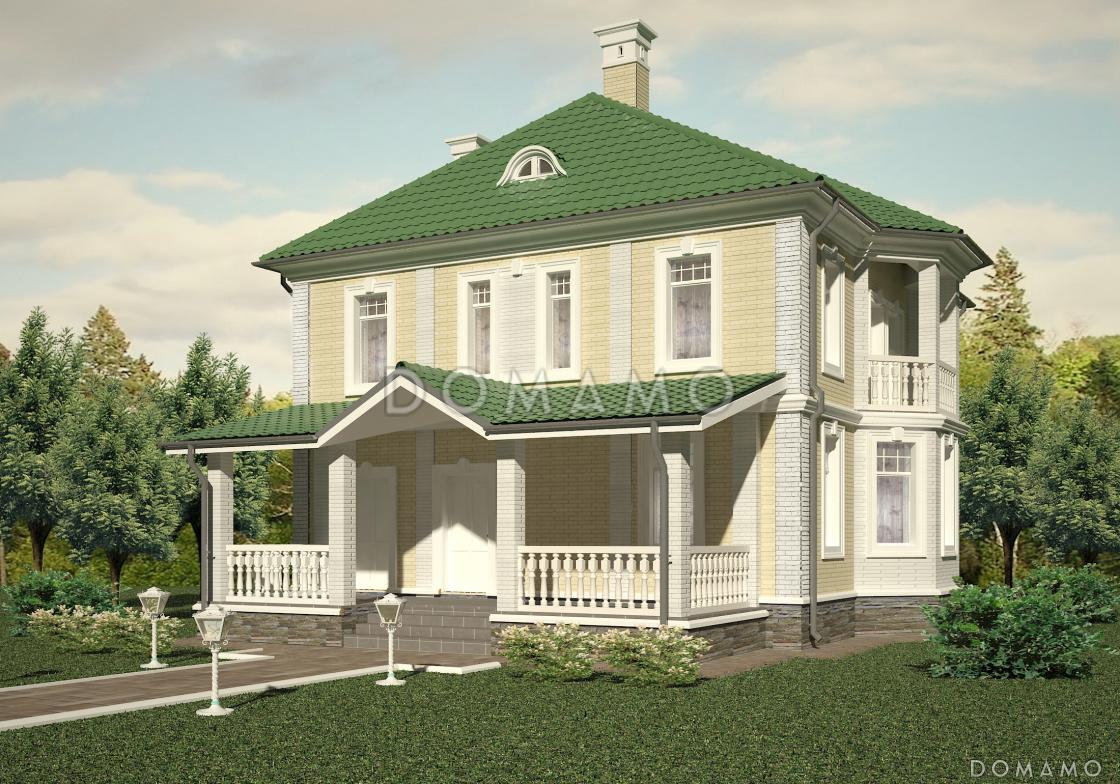 Проект классического коттеджа 10х10 с террасой из кирпича / 2