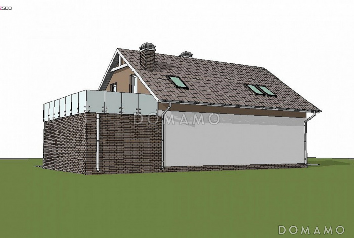 Проект одноэтажного дома с мансардным этажом из кирпича с кабинетом, гаражом и террасой над ним